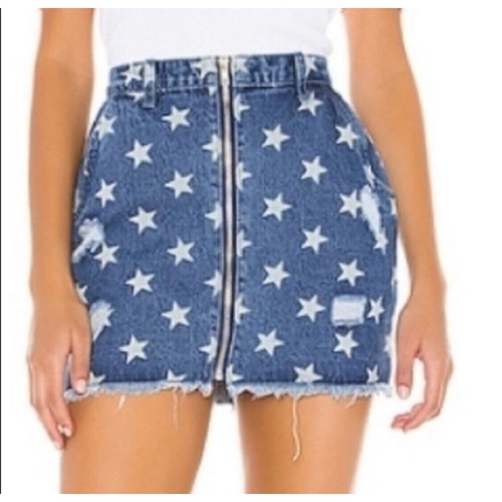 Superdown Kayla‎ Zip Front Mini Skirt Womens Size large Blue Wash Stars New